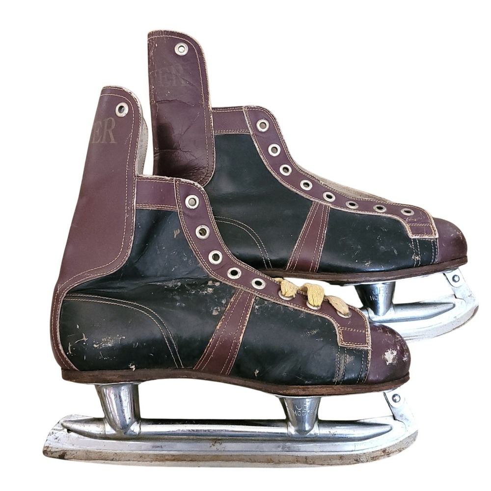 Vintage Bauer Ice Hockey Skates Black Burgundy‎ Leather Jet Hockey Blades Mens 9